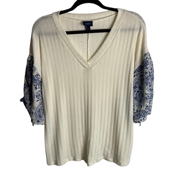 Daytrip Size Small V Neck Blouse Ribbed 3/4 Sleeve Shirt Pasily Mixed Media Blue - Picture 1 of 6